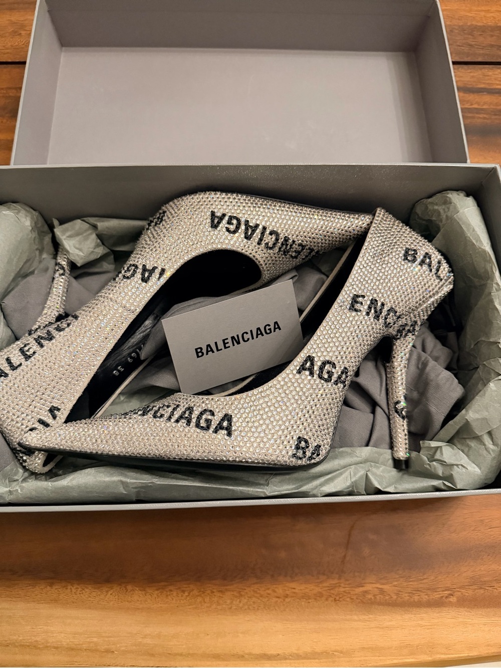 Authentic Balenciaga new in box swarovski crystal silver square knife heels.